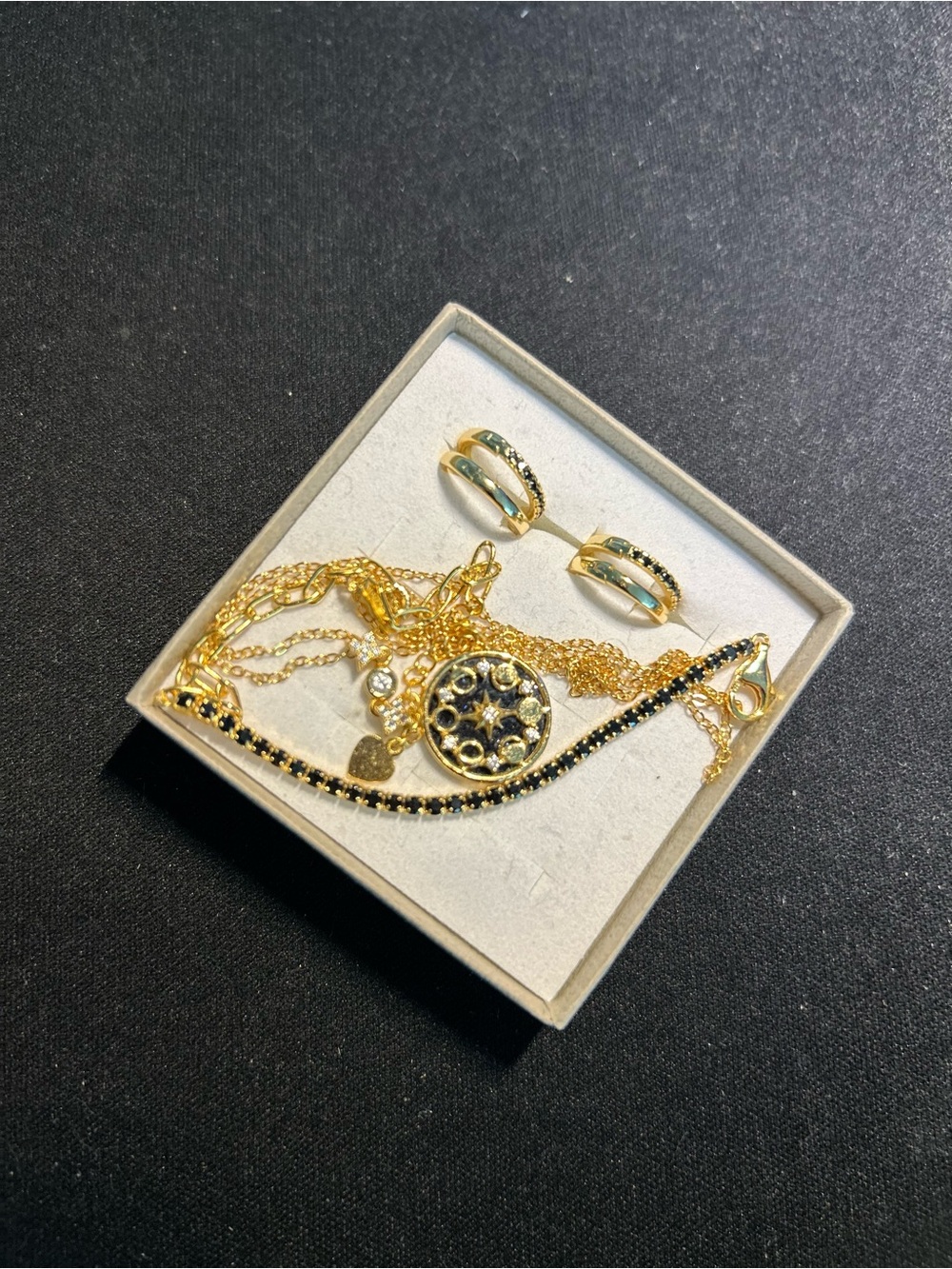 Gold Tone Black Accent Women's Jewelry Set - Necklace, Bracelet & Earrings